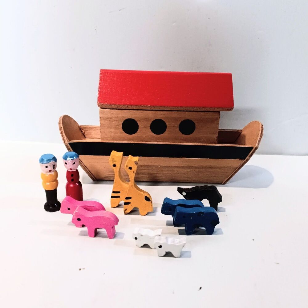 Vintage Shackman Miniature Noah Ark Set-Hardwood-Handcrafted-1970s-Religious